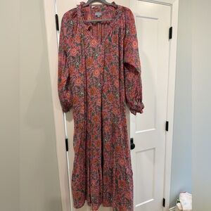 Block Print Long Sleeve Maxi Dress in Mauve and Rusty Orange, Ella Gray brand